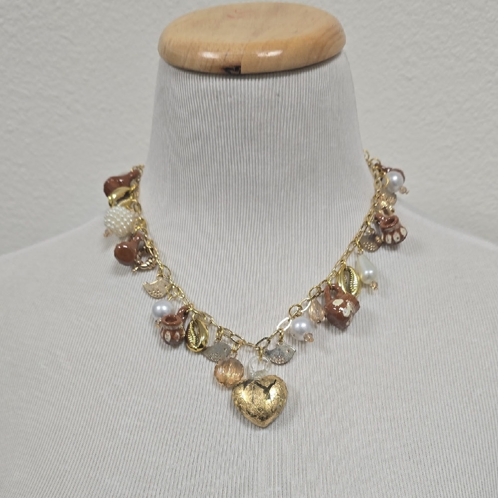 Gold Plated, Heart Charm Necklace with Brown and Pearl Accents